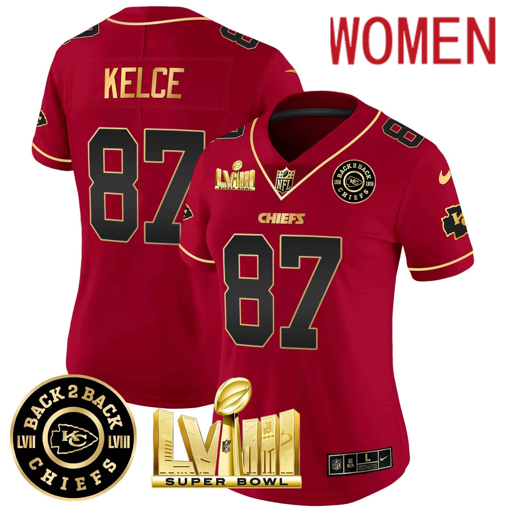 Women Kansas City Chiefs #87 Kelce Red 2024 Nike Super Bowl LVIII & Back-2-Back Patch Vapor NFL Jersey style 2